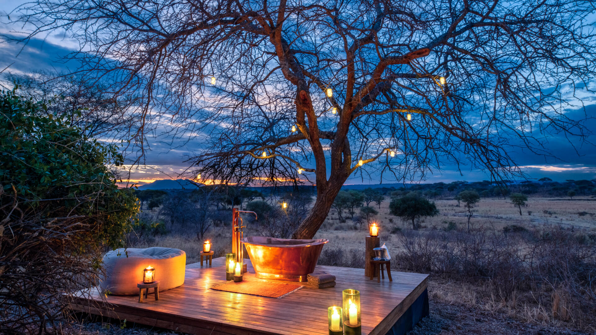 Romantic evening lights during honeymoon safari in Africa